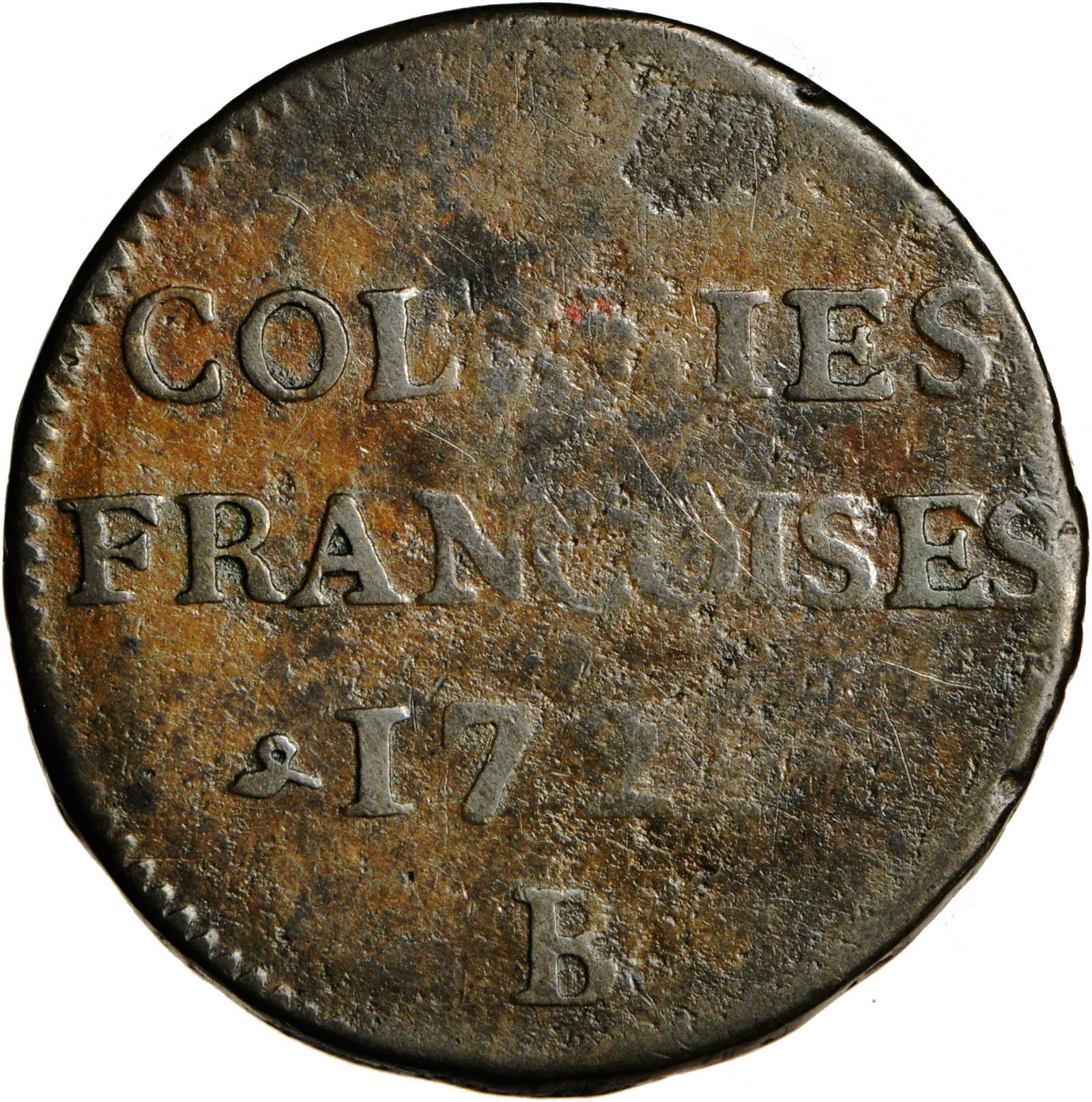 image for: 1721-B French Colonies Sou, or 9 Deniers. Rouen Mint. W-11825. VF-35.