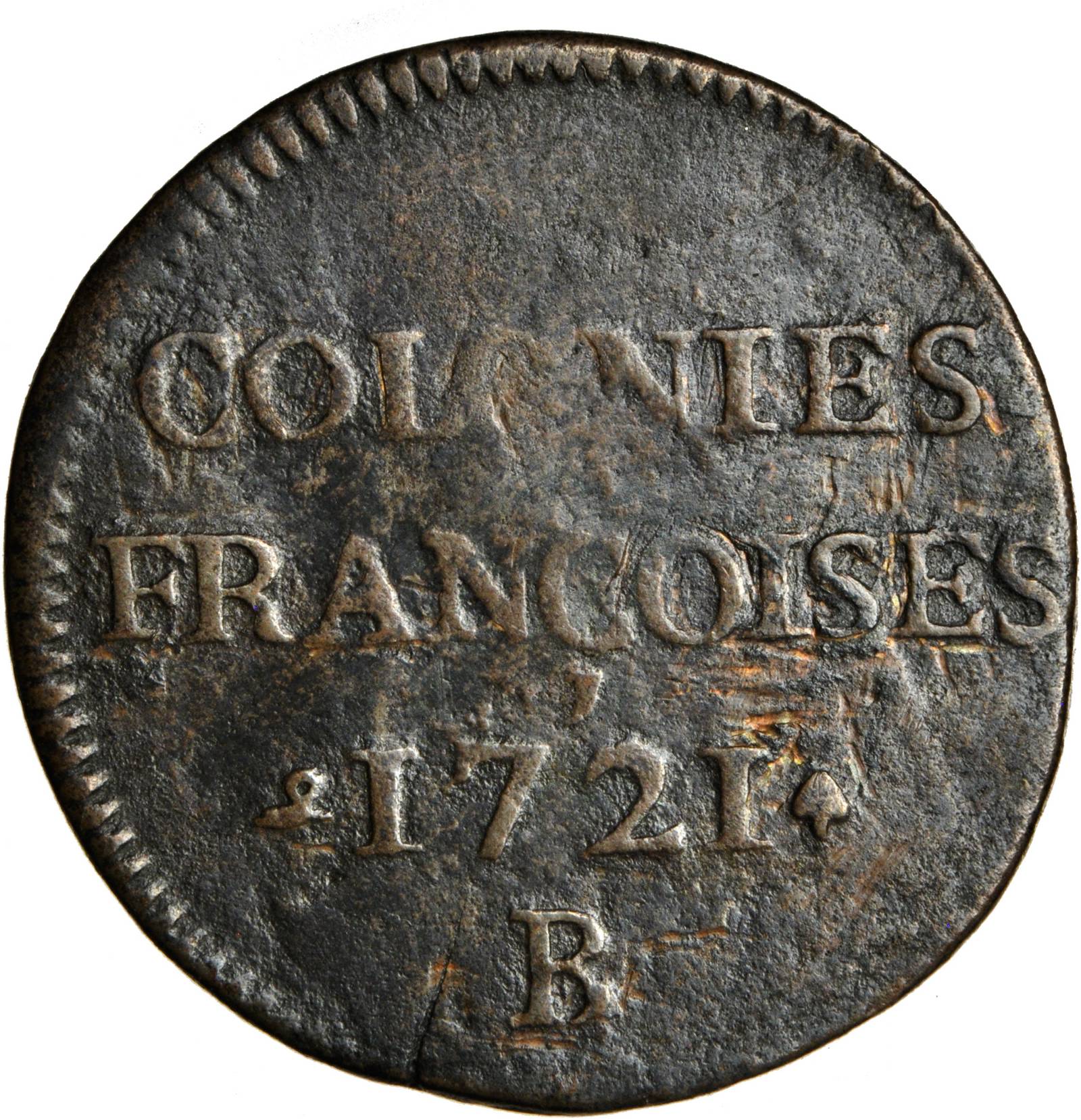 image for: 1721-B French Colonies Sou, or 9 Deniers. Rouen Mint. W-11825. VF-30.