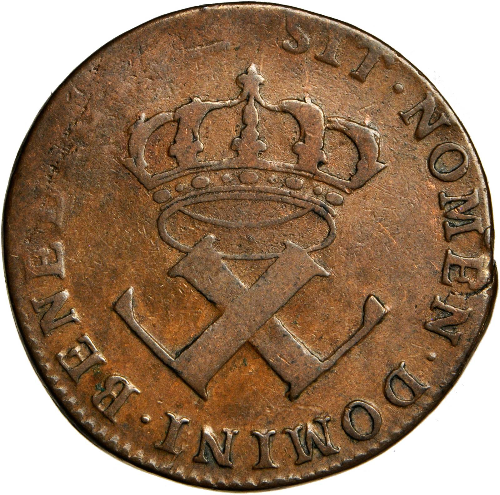 image for: 1721-B French Colonies Sou, or 9 Deniers. Rouen Mint. W-11825. VF-20 (PCGS).