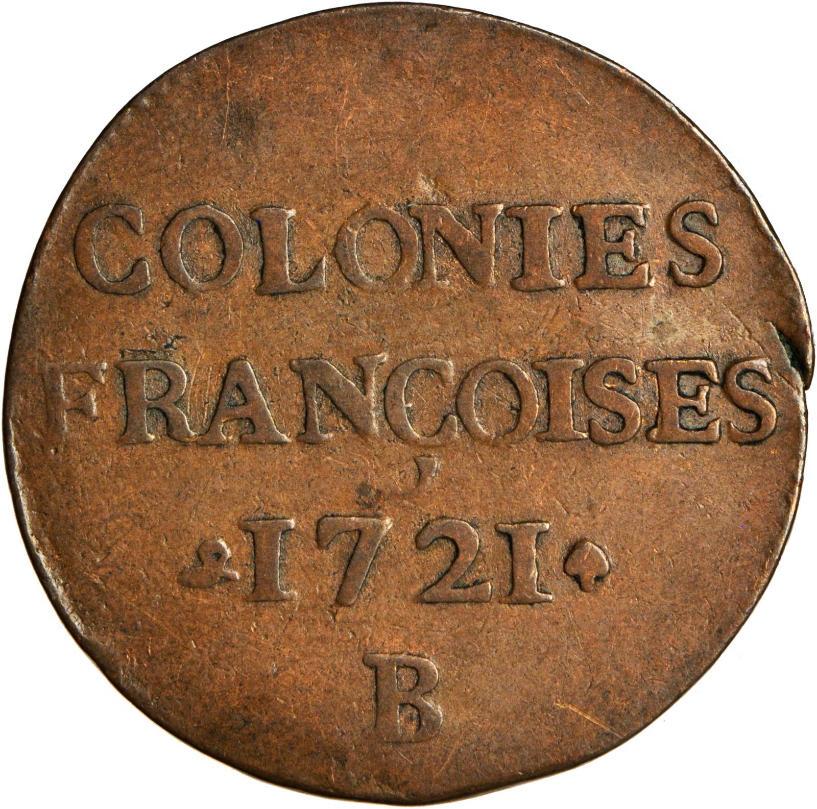 image for: 1721-B French Colonies Sou, or 9 Deniers. Rouen Mint. W-11825. VF-20 (PCGS).