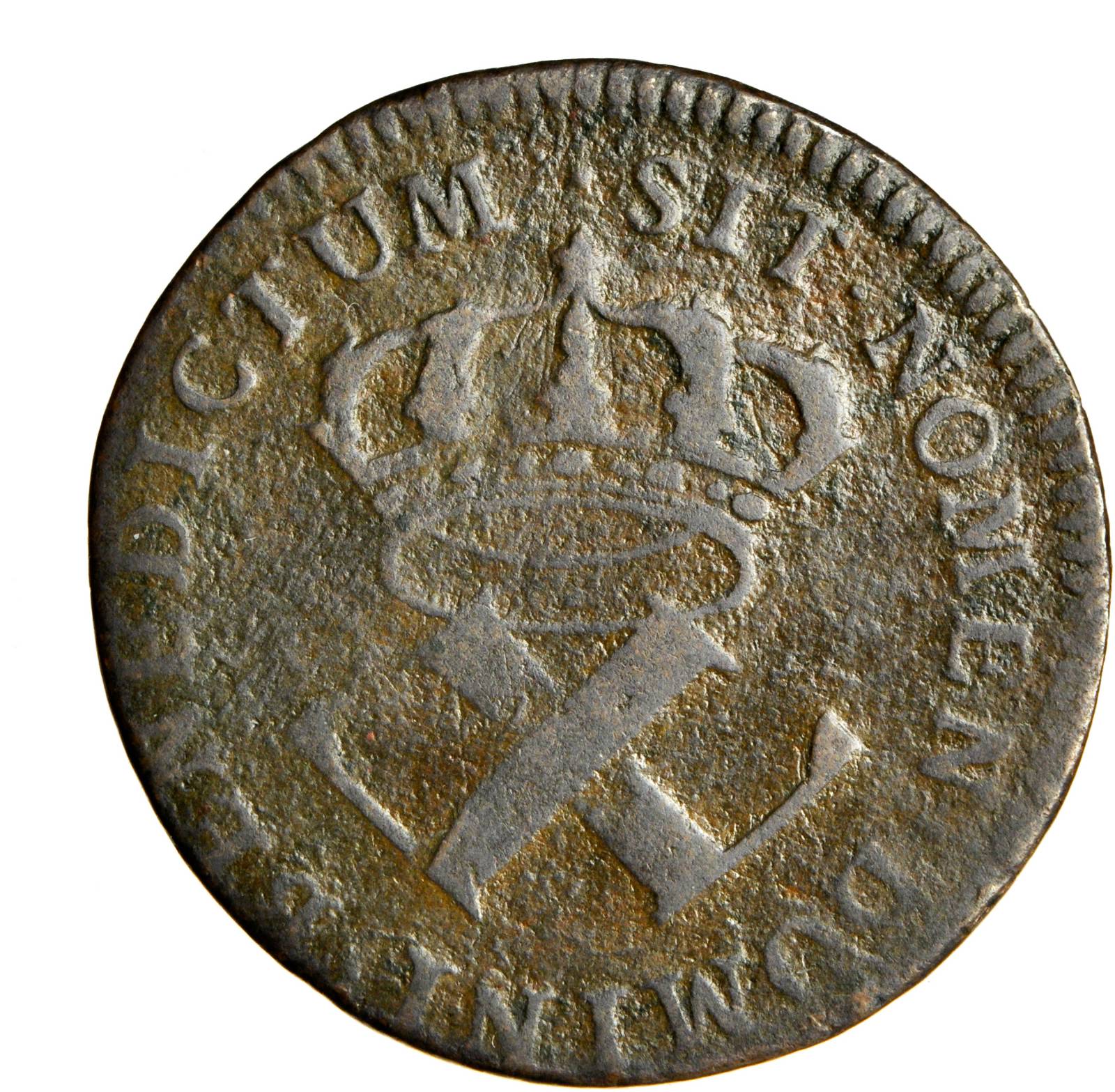 image for: 1721-B French Colonies Sou, or 9 Deniers. Rouen Mint. W-11825. VF-20.