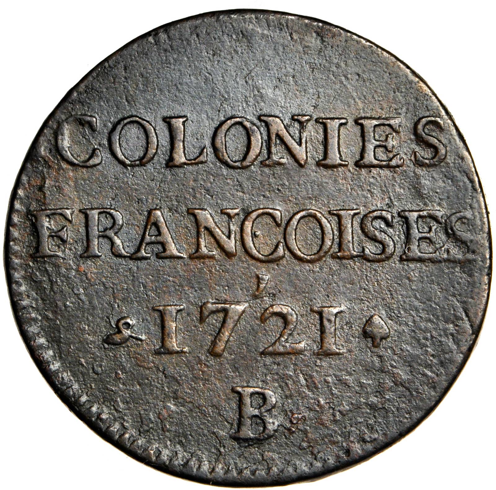 image for: 1721-B French Colonies Sou, or 9 Deniers. Rouen Mint. W-11825. VF Details--Environmental Damage (PCGS).