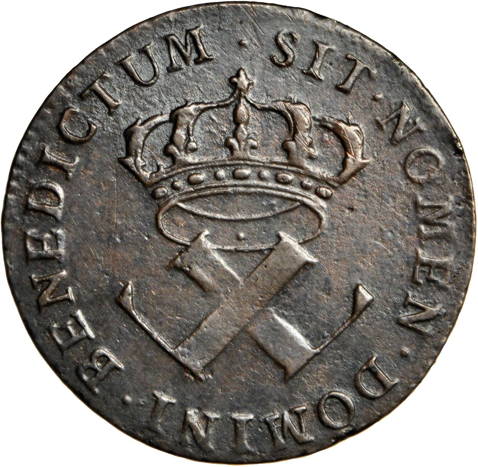 image for: 1721-B French Colonies Sou, or 9 Deniers. Rouen Mint. W-11825. VF Details--Environmental Damage (PCGS).