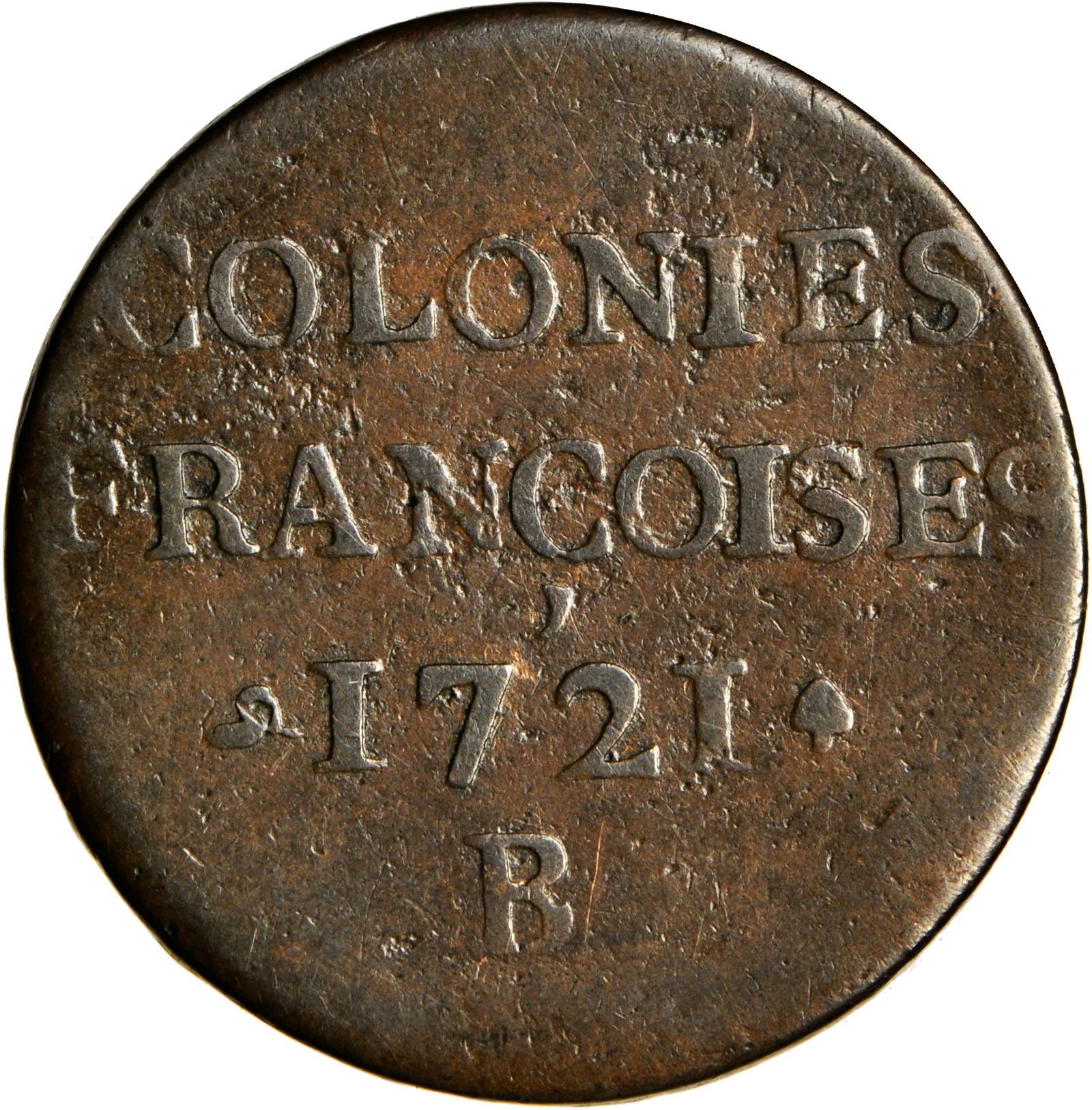 image for: 1721-B French Colonies Sou, or 9 Deniers. Rouen Mint. W-11825. Fine-15 (PCGS).