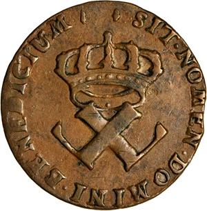 image for: 1722/1-H French Colonies Sou, or 9 Deniers. La Rochelle Mint. W-11835. EF-40 (PCGS).