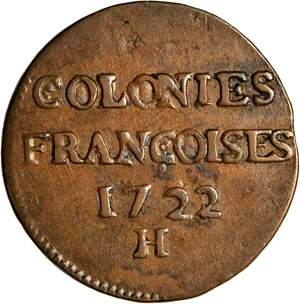 image for: 1722/1-H French Colonies Sou, or 9 Deniers. La Rochelle Mint. W-11835. EF-40 (PCGS).