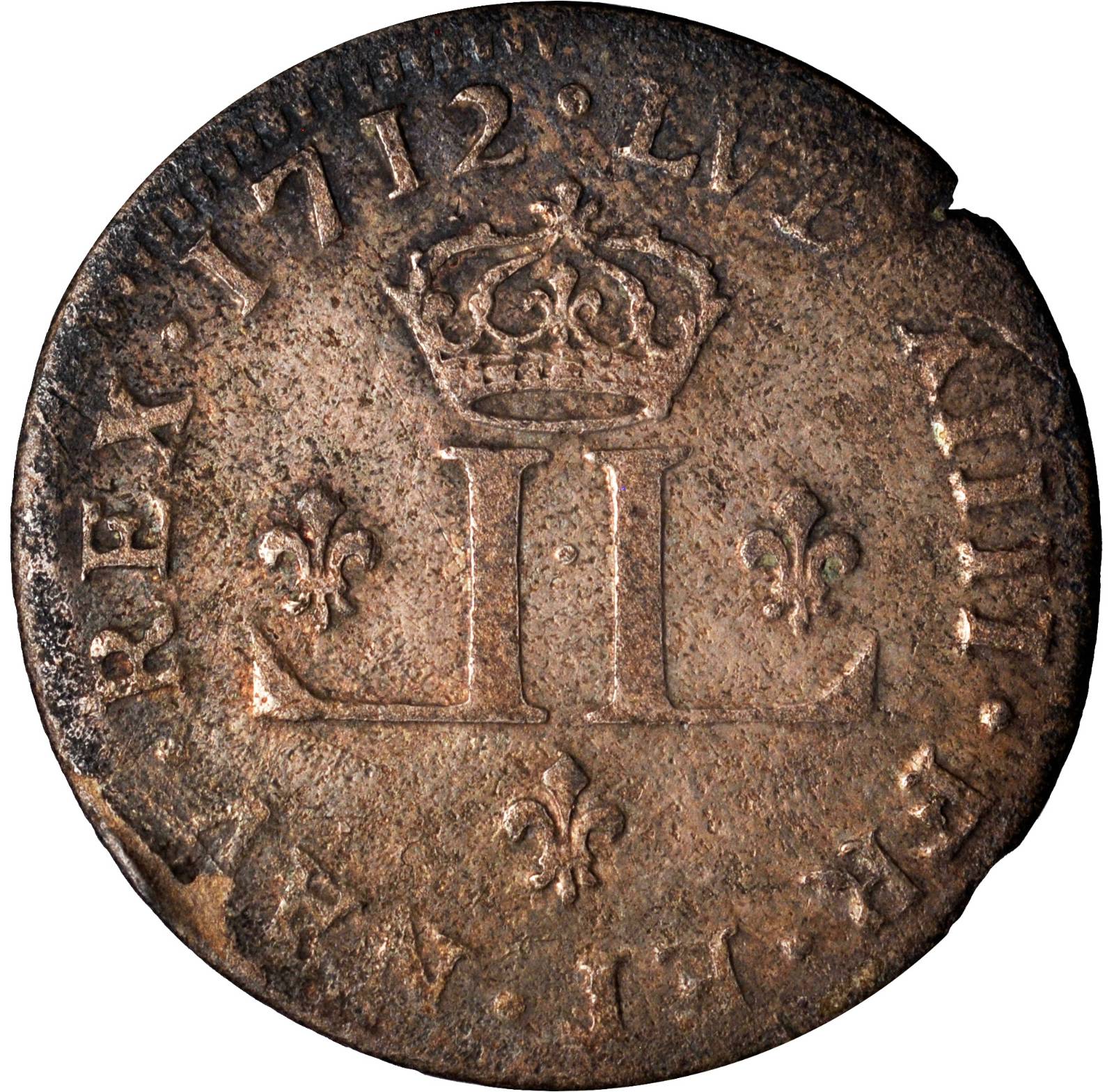 image for: 1712-D French Colonies 30 Deniers, or Mousquetaire. Lyon Mint. Vlack-5, W-11730. Rarity-3. VF-20.