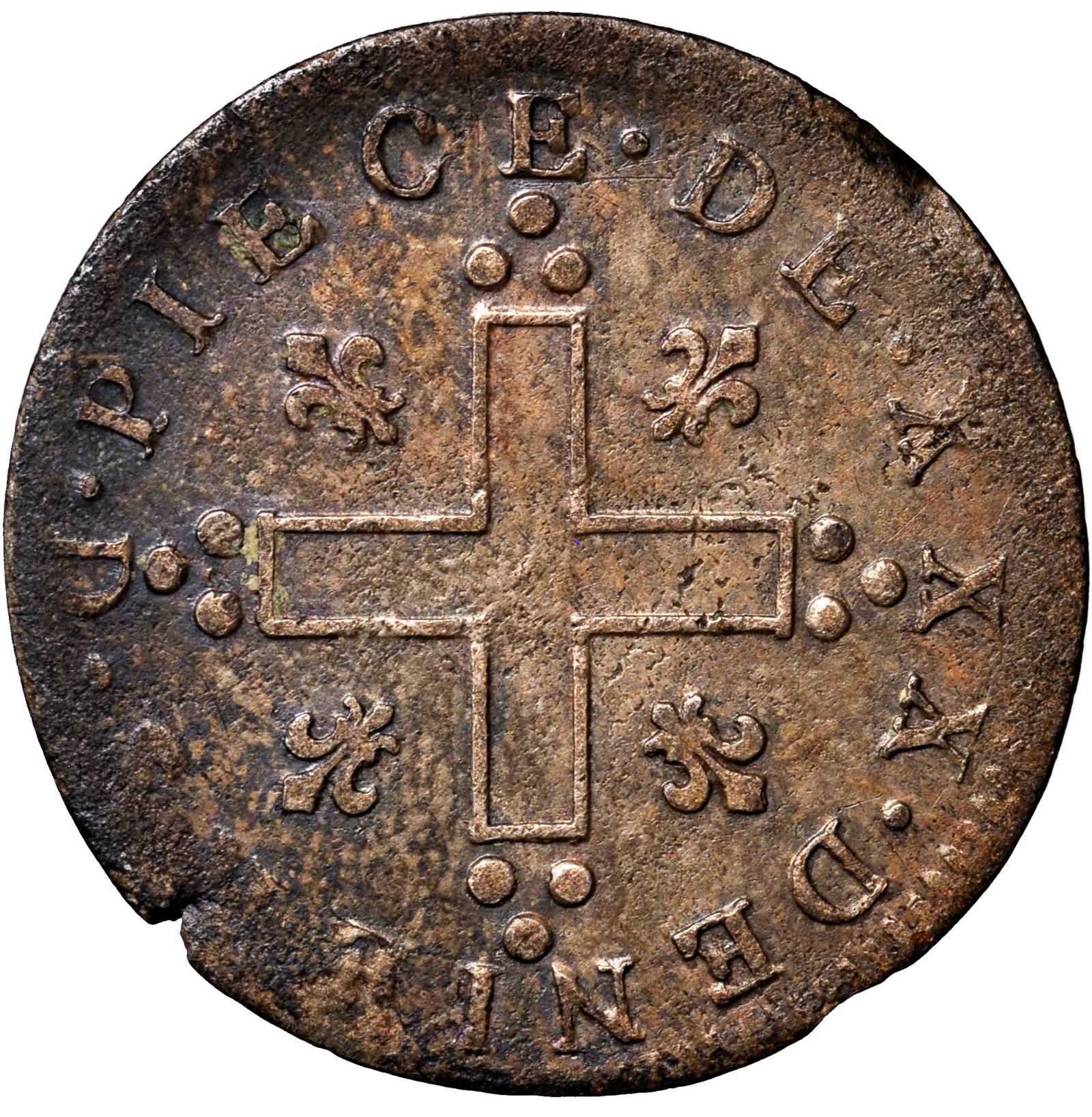 image for: 1712-D French Colonies 30 Deniers, or Mousquetaire. Lyon Mint. Vlack-5, W-11730. Rarity-3. VF-20.