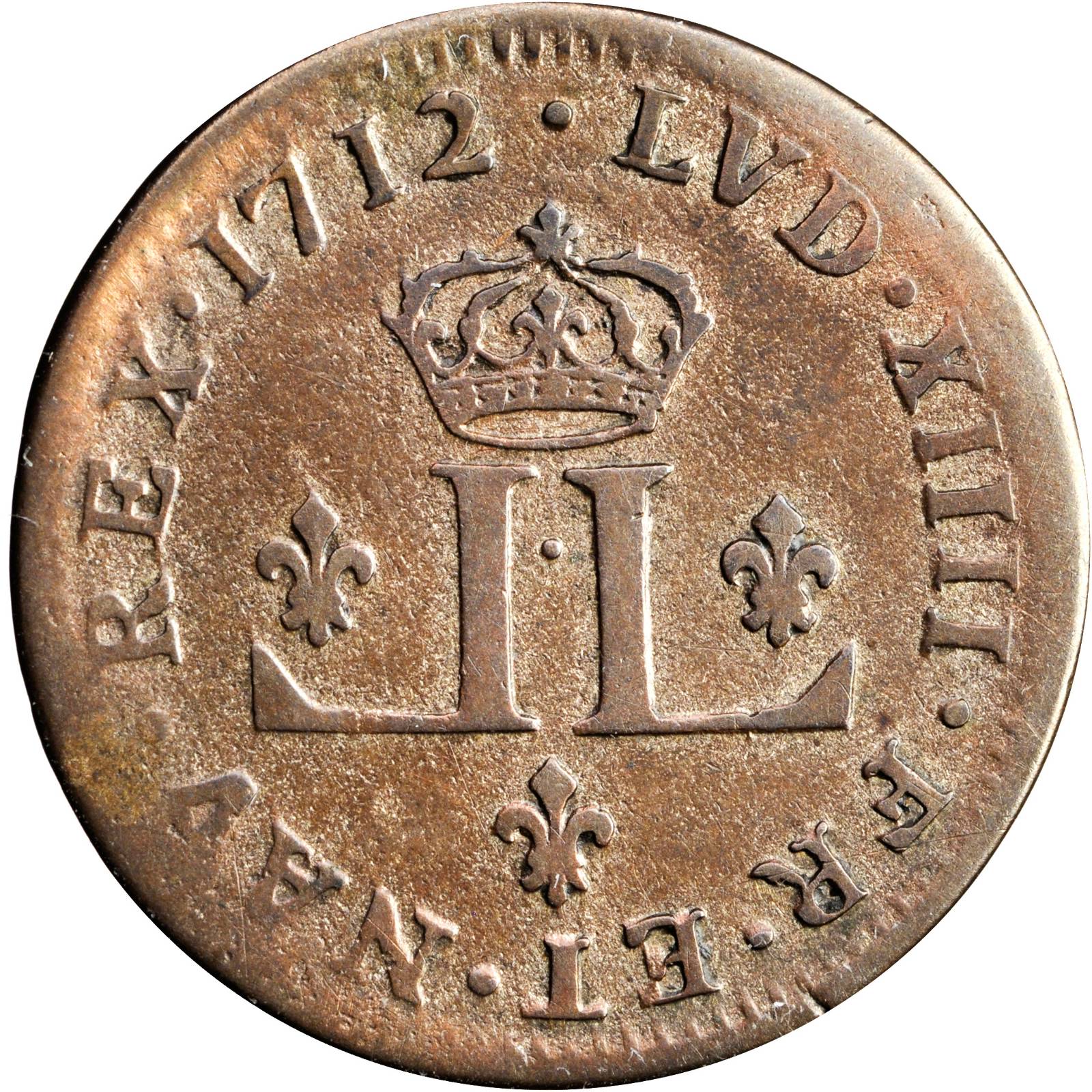 image for: 1712-D French Colonies 30 Deniers, or Mousquetaire. Lyon Mint. Vlack-5, W-11730. Rarity-3. EF-40.