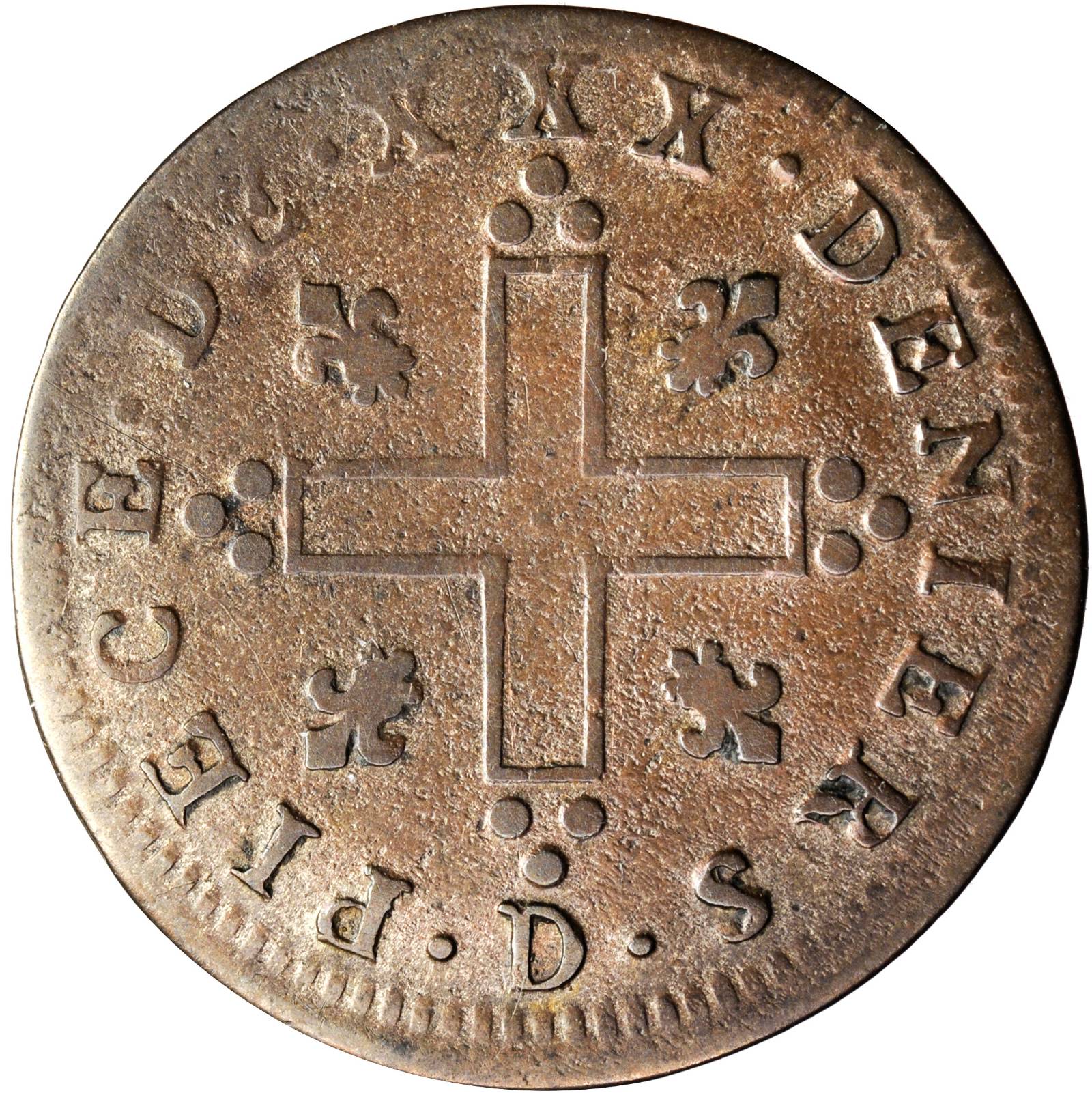 image for: 1712-D French Colonies 30 Deniers, or Mousquetaire. Lyon Mint. Vlack-5, W-11730. Rarity-3. EF-40.