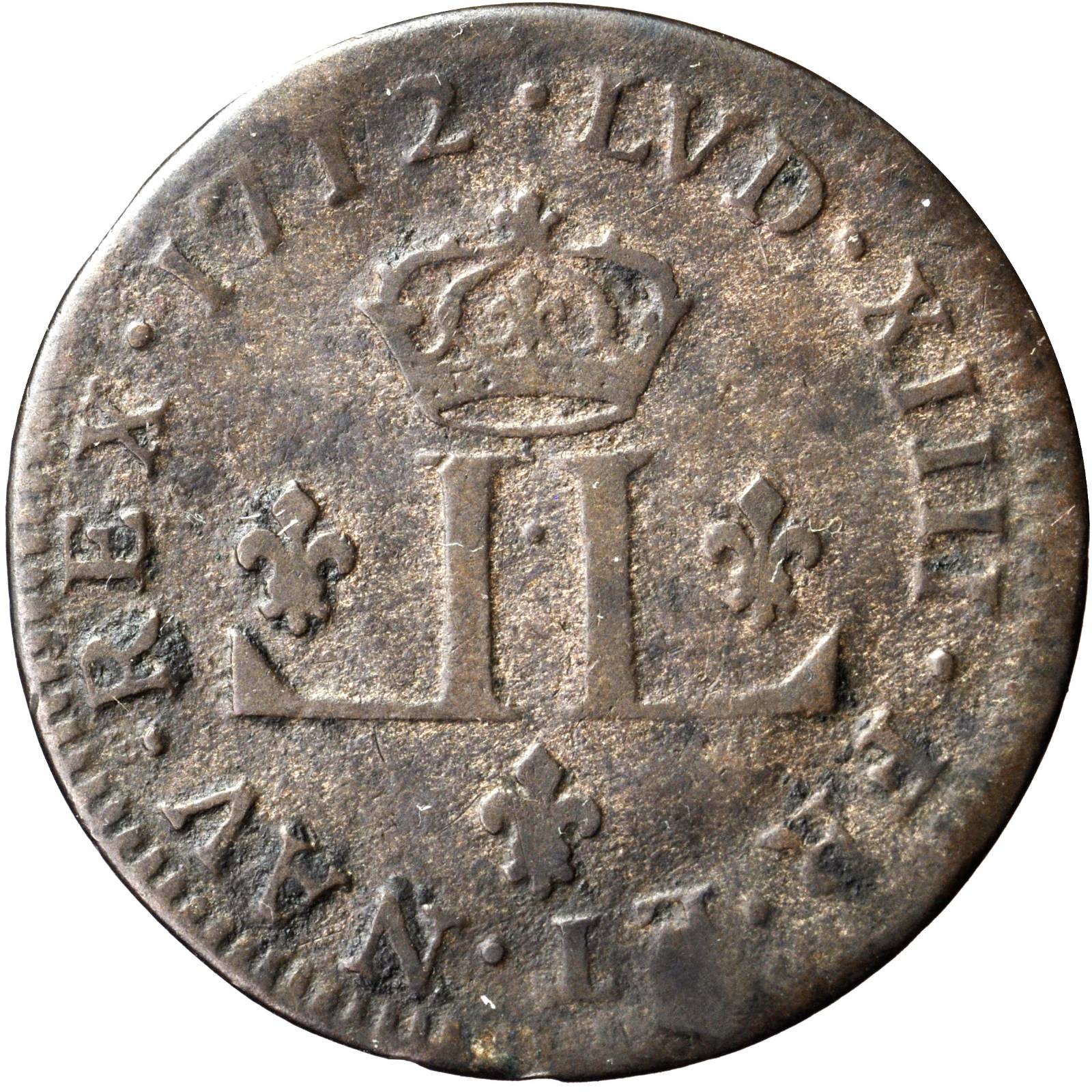 image for: 1712-D French Colonies 30 Deniers, or Mousquetaire. Lyon Mint. Vlack-5, W-11730. Rarity-3. Fine-15.