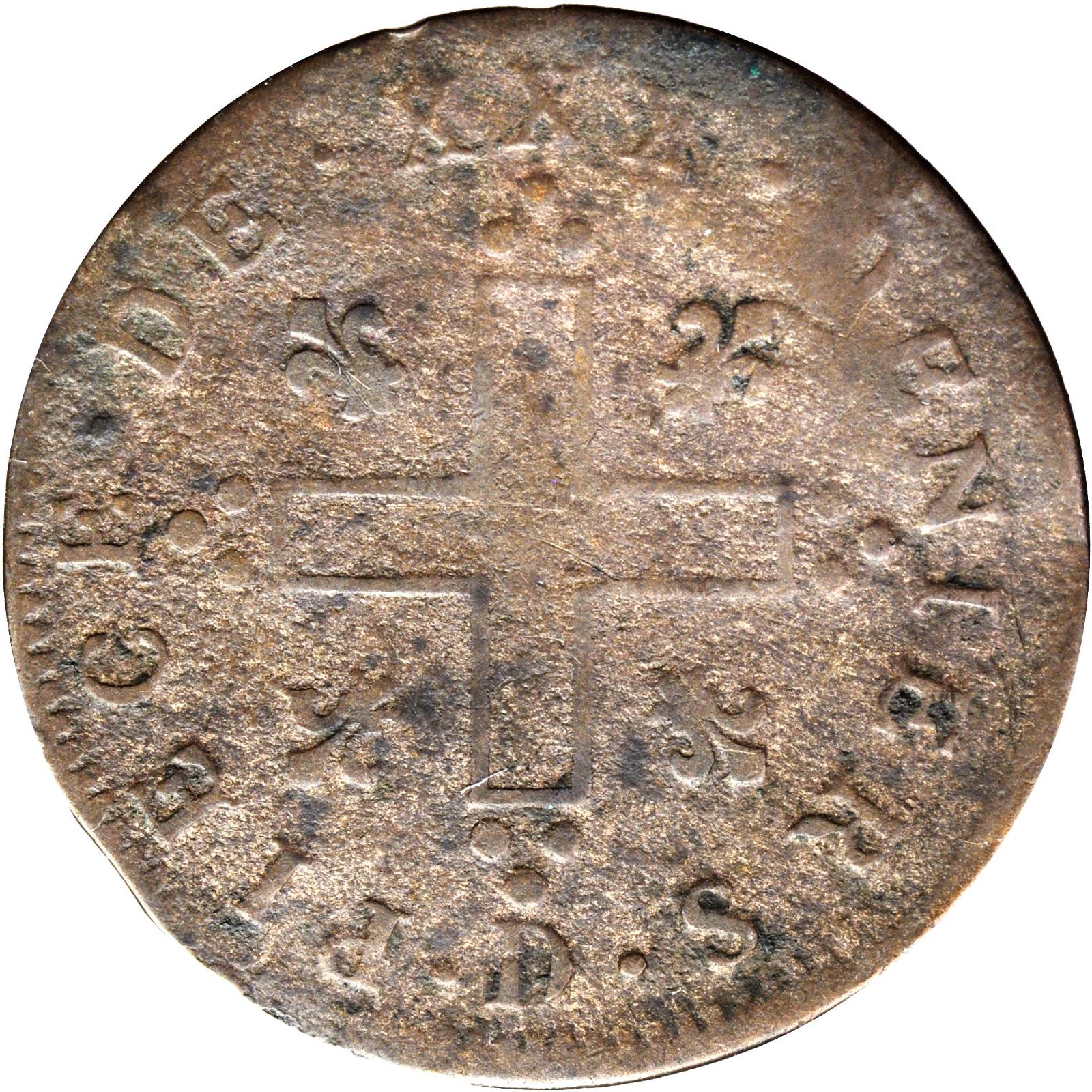 image for: 1712-D French Colonies 30 Deniers, or Mousquetaire. Lyon Mint. Vlack-5, W-11730. Rarity-3. Fine-15.