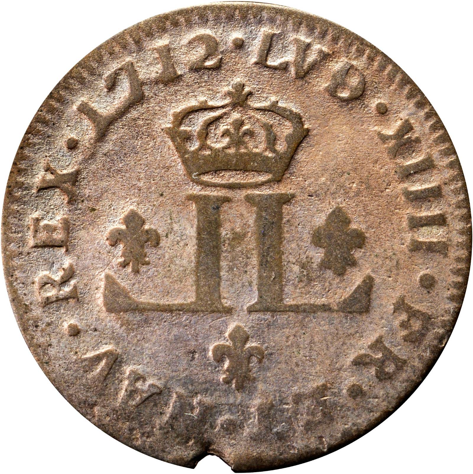 image for: 1712-D French Colonies 30 Deniers, or Mousquetaire. Lyon Mint. Vlack-5, W-11730. Rarity-3. Fine-12.