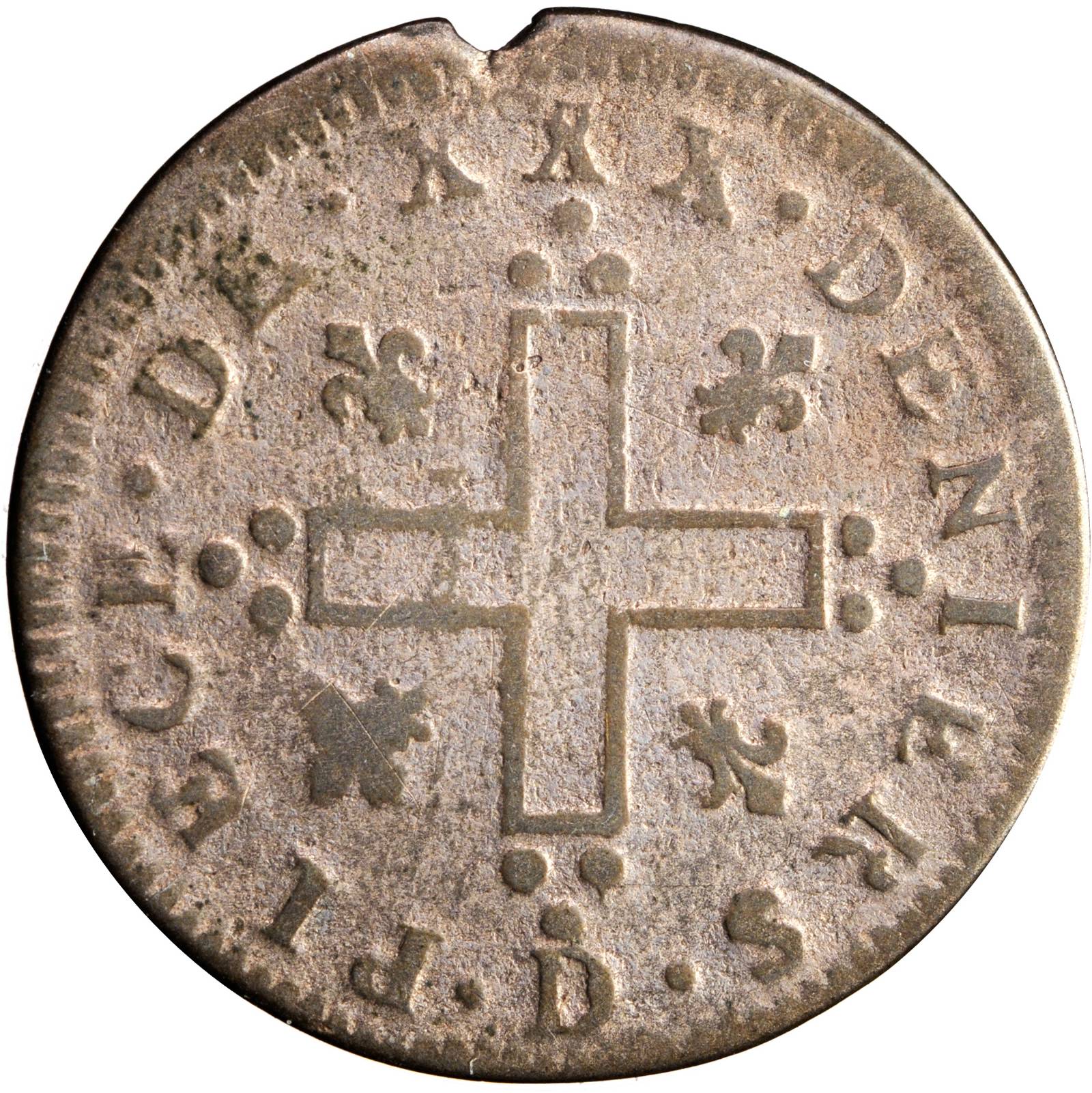 image for: 1712-D French Colonies 30 Deniers, or Mousquetaire. Lyon Mint. Vlack-5, W-11730. Rarity-3. Fine-12.