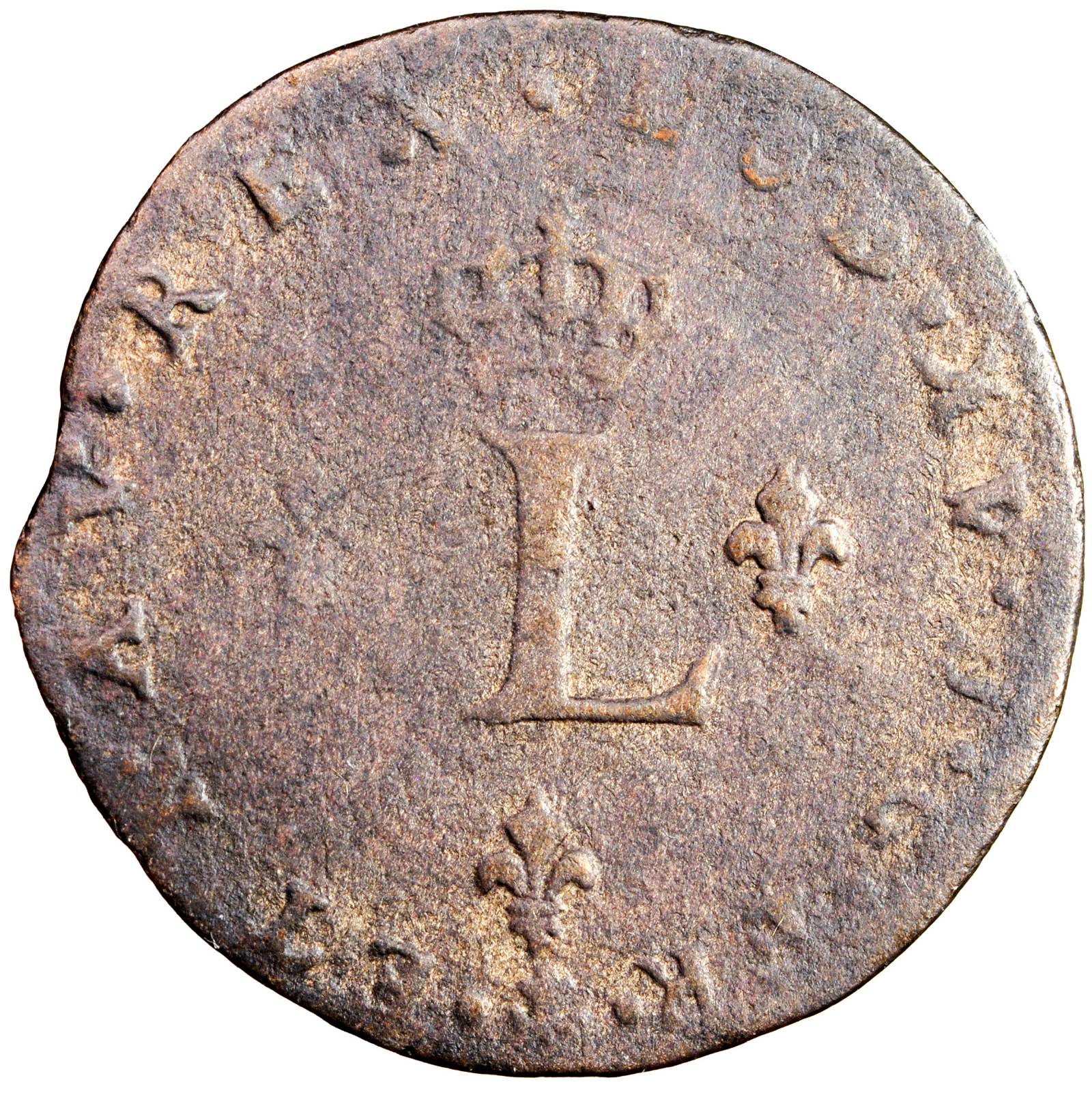 image for: 1739-O French Colonies Sou Marque. Riom Mint. Vlack-154e. Rarity-5. VF-20.