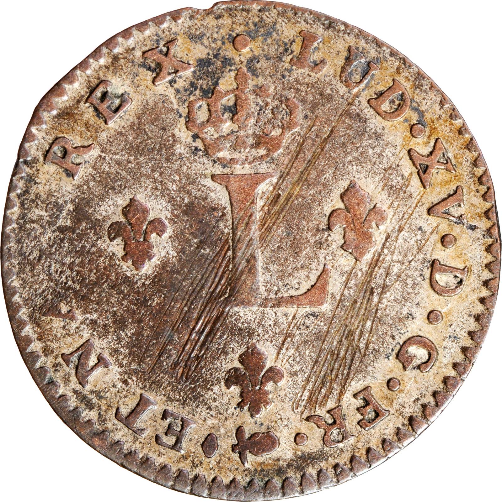 image for: 1739-S French Colonies Sou Marque. Reims Mint. Vlack-180. Rarity-6. VF-30.