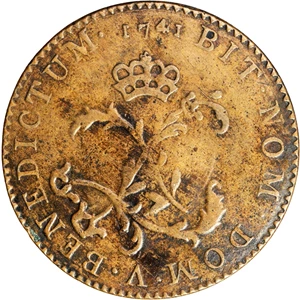 image for: Contemporary Counterfeit 1741-A French Colonies Sou Marque. In Imitation of Paris Mint. Vlack-343. Rarity-3. EF-40.