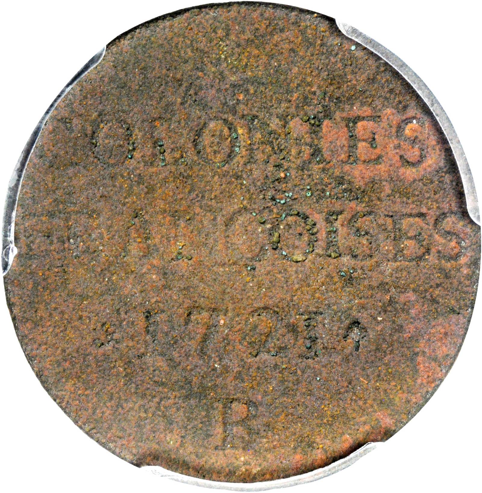 image for: 1721-B French Colonies Sou, or 9 Deniers. Rouen Mint. W-11825. VF Details--Environmental Damage (PCGS). Secure Holder.