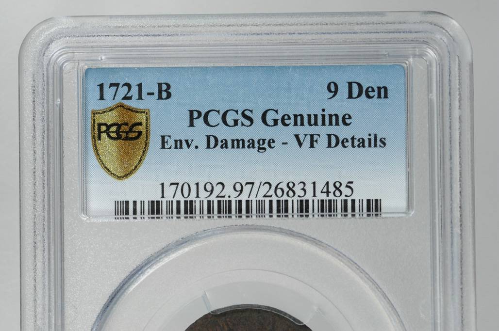 image for: 1721-B French Colonies Sou, or 9 Deniers. Rouen Mint. W-11825. VF Details--Environmental Damage (PCGS). Secure Holder.