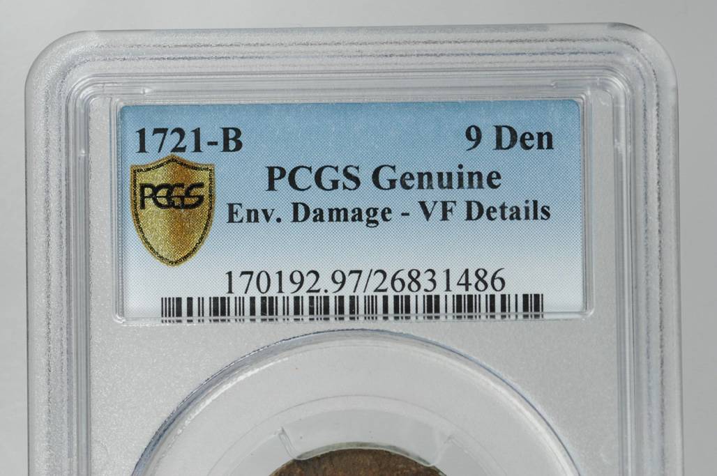 image for: 1721-B French Colonies Sou, or 9 Deniers. Rouen Mint. W-11825. VF Details--Environmental Damage (PCGS). Secure Holder.