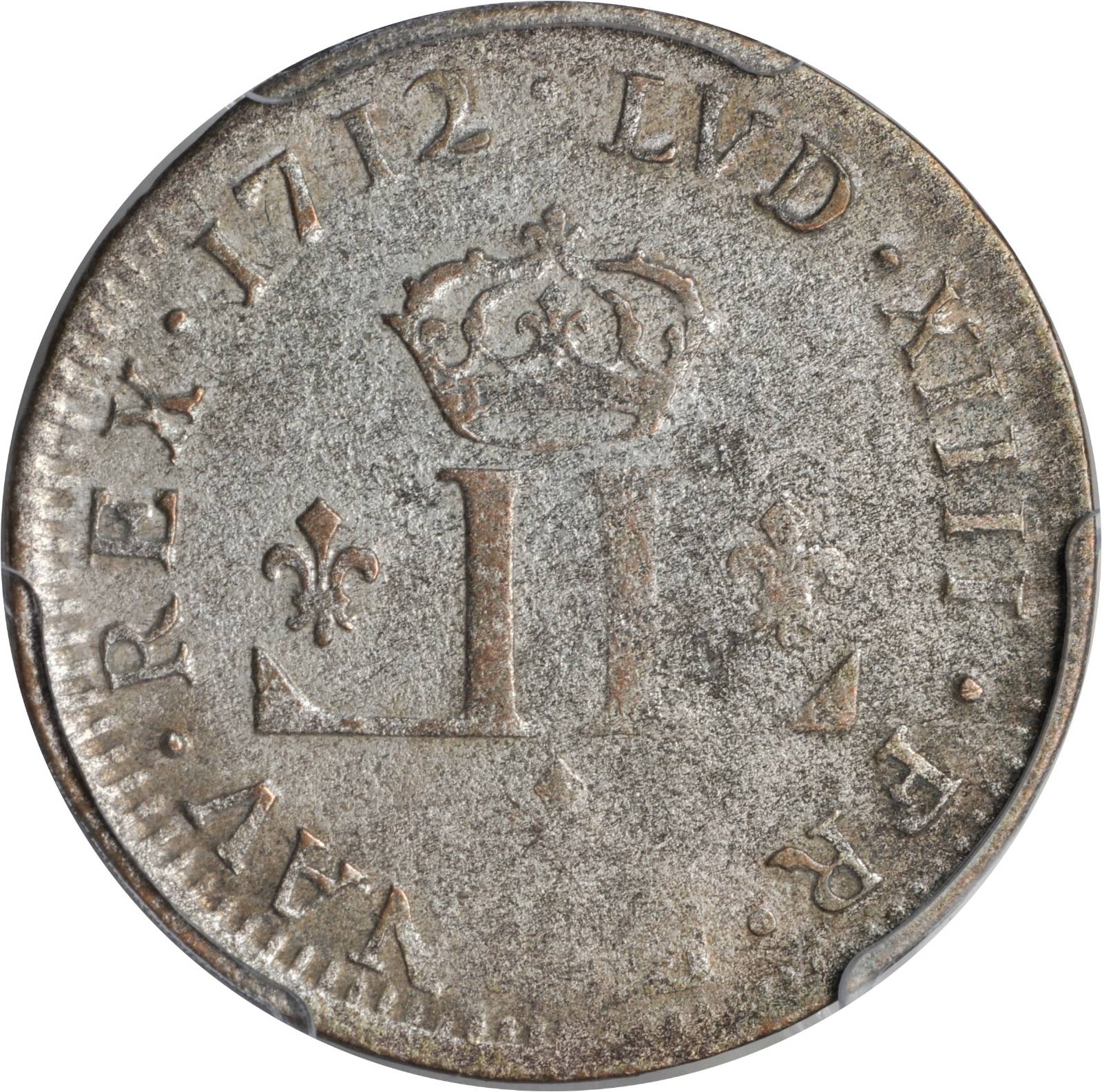 image for: 1712-D French Colonies 30 Deniers, or Mousquetaire. Lyon Mint. Vlack-5, W-11730. Rarity-3. AU-50 (PCGS).