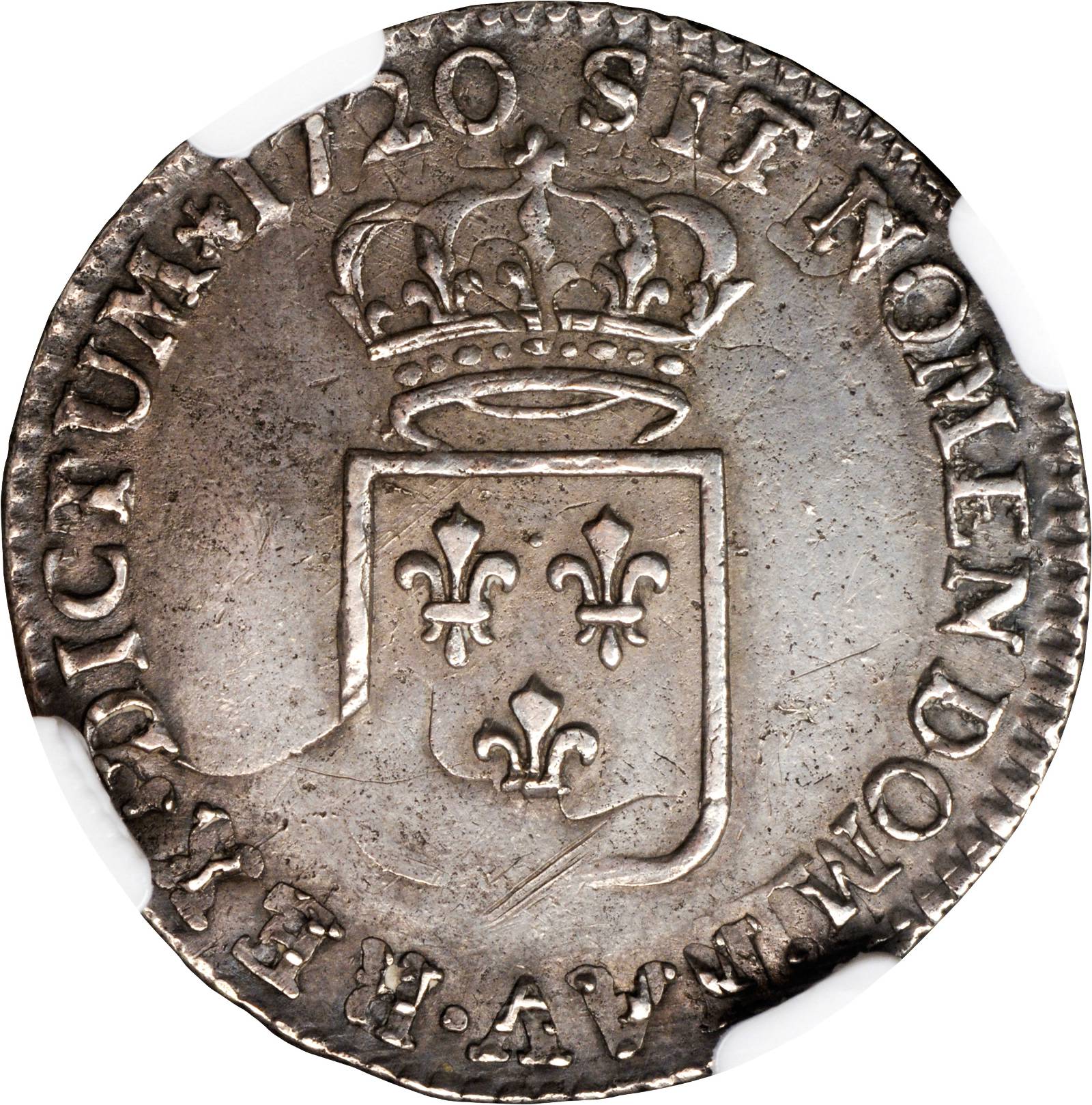 image for: 1720-A French Colonies 20 Sols, or 1/6 Ecu. Paris Mint. KM-454--Overstruck--AU-53 (NGC).