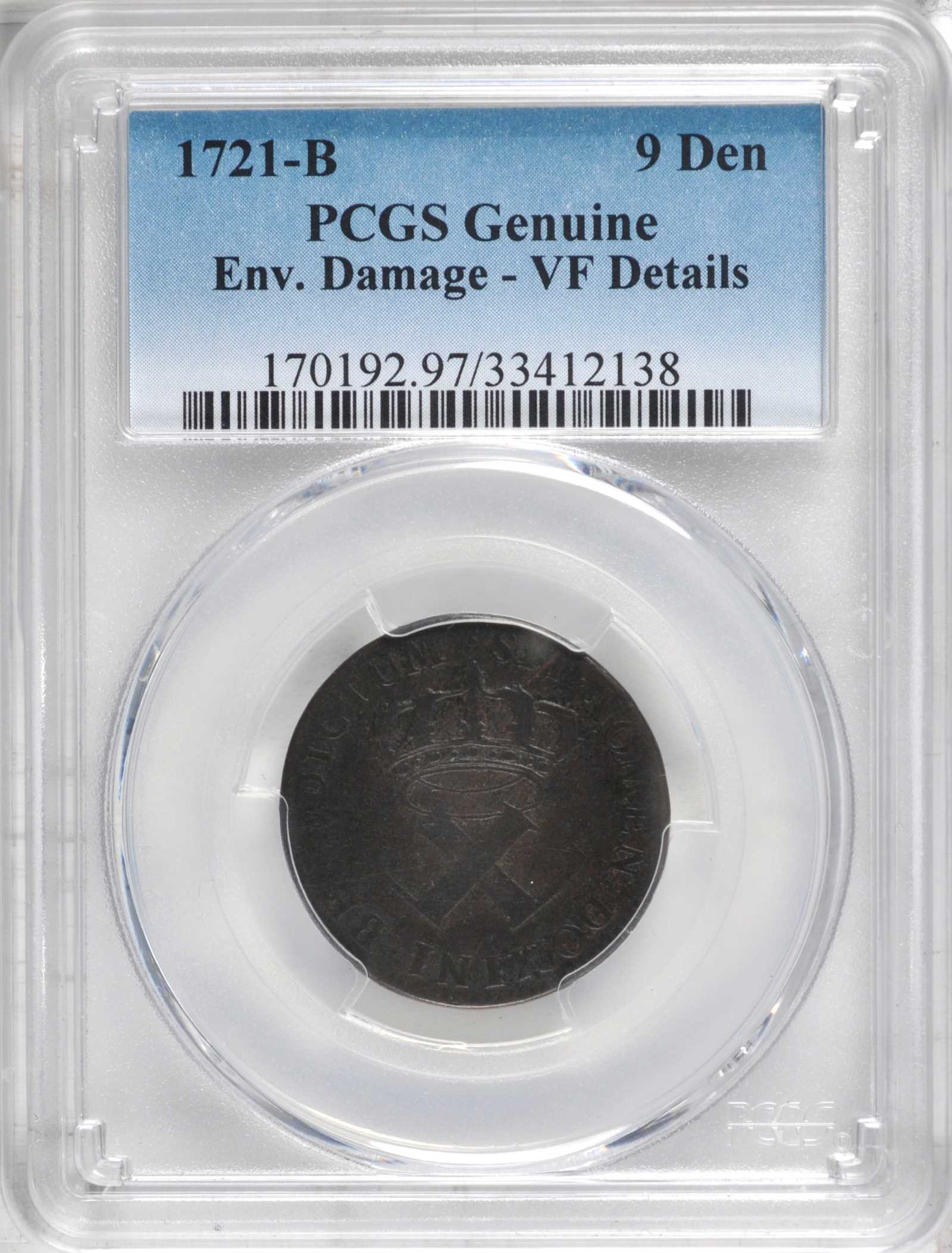 image for: 1721-B 9 Deniers des Colonies or Sou. Rouen Mint. W-11825, Breen-260. Copper. VF Details--Environmental Damage (PCGS).