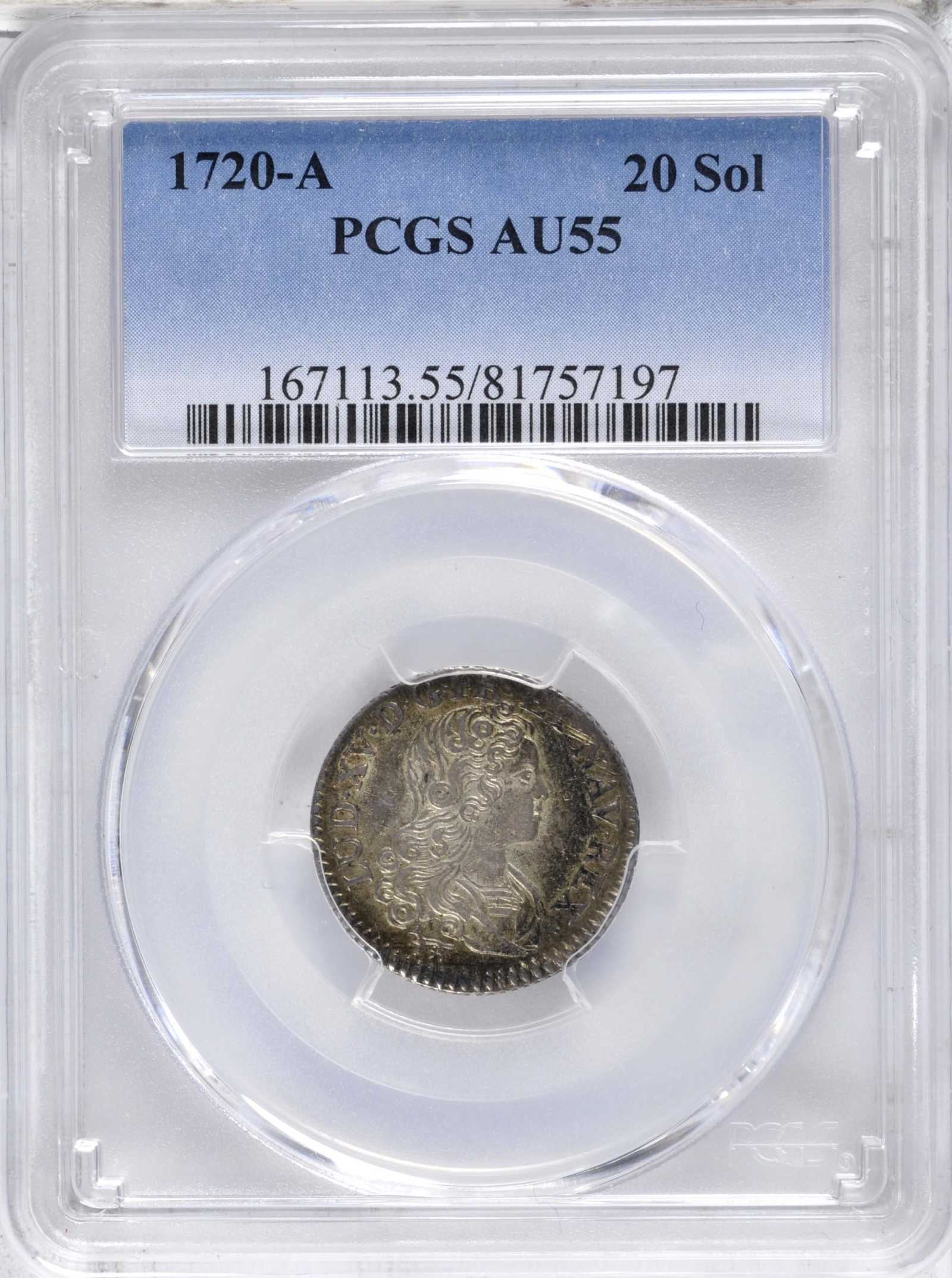 image for: 1720-A 1/6 Ecu, or 20 Sols. John Law Issue. Paris Mint. Gadoury-296, Hod.1. AU-55 (PCGS).
