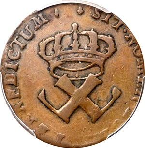 image for: 1722/1-H Sou, or 9 Deniers. La Rochelle Mint. Martin 2.13-C.3, W-11835. Rarity-3. VF-30 (PCGS).