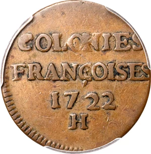 image for: 1722/1-H Sou, or 9 Deniers. La Rochelle Mint. Martin 2.13-C.3, W-11835. Rarity-3. VF-30 (PCGS).