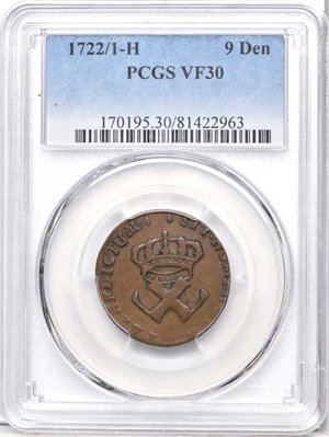 image for: 1722/1-H Sou, or 9 Deniers. La Rochelle Mint. Martin 2.13-C.3, W-11835. Rarity-3. VF-30 (PCGS).