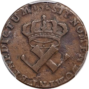 image for: 1722/1-H Sou, or 9 Deniers. La Rochelle Mint. Martin 2.14-C.4, W-11835. Rarity-4. VF-20 (PCGS).