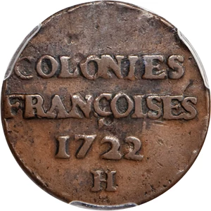 image for: 1722/1-H Sou, or 9 Deniers. La Rochelle Mint. Martin 2.14-C.4, W-11835. Rarity-4. VF-20 (PCGS).