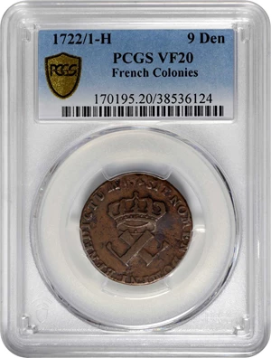 image for: 1722/1-H Sou, or 9 Deniers. La Rochelle Mint. Martin 2.14-C.4, W-11835. Rarity-4. VF-20 (PCGS).