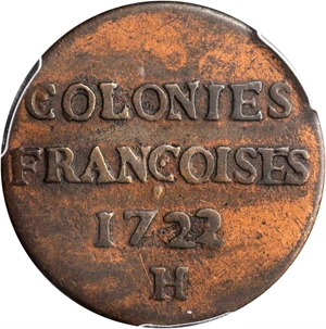 image for: 1722/1-H Sou, or 9 Deniers. La Rochelle Mint. Martin 2.8-C.7, W-11835. Rarity-4. Fine-15 (PCGS).