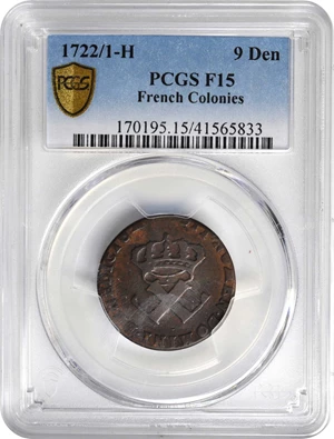 image for: 1722/1-H Sou, or 9 Deniers. La Rochelle Mint. Martin 2.8-C.7, W-11835. Rarity-4. Fine-15 (PCGS).