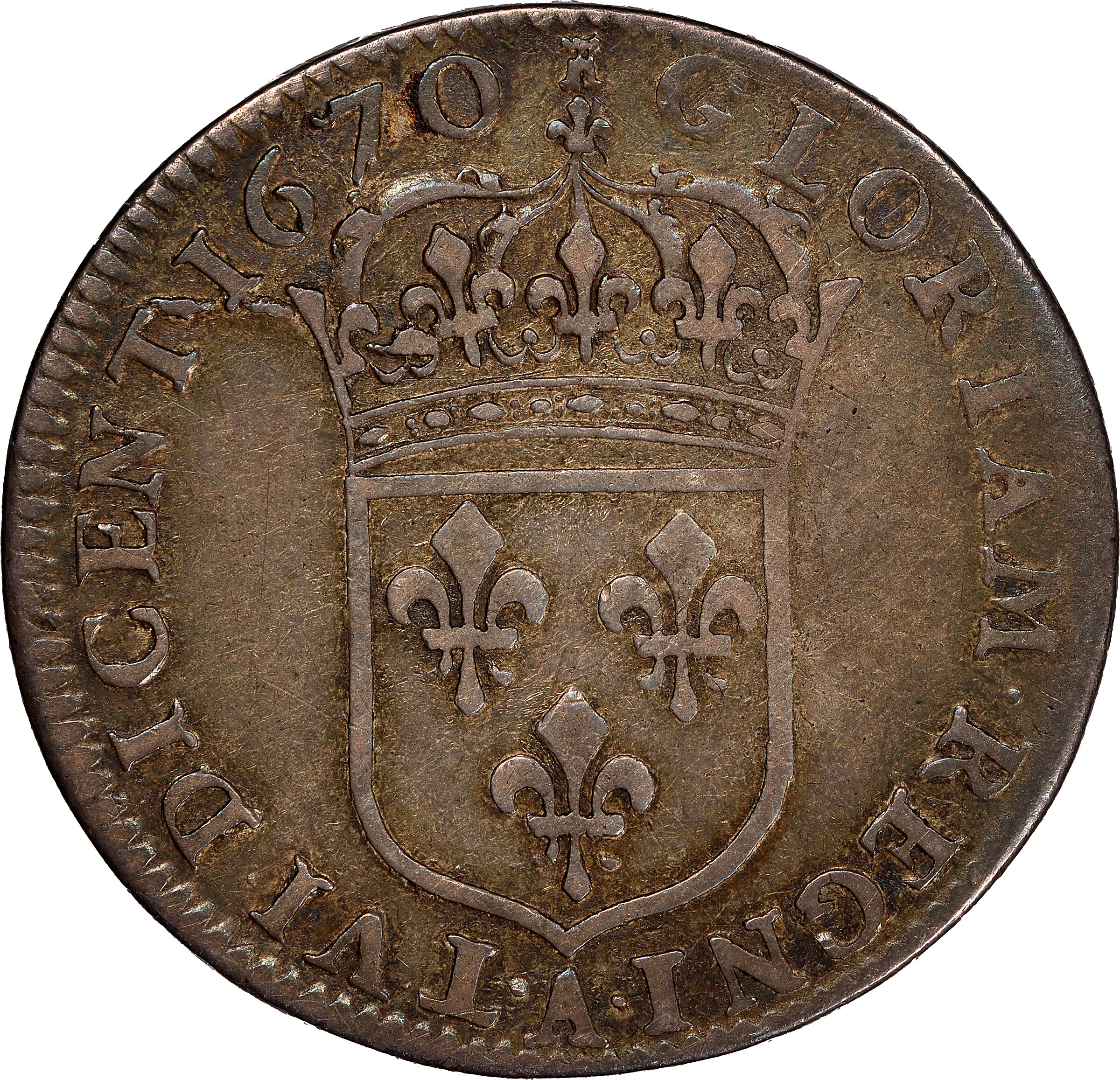 image for: 1670-A French Colonies 15 Sols. Paris Mint. Martin 1.1-A.1, Breen 1-A (1976), Breen-255 (1988), W-11610, Gadoury-3, Breton-501, Zay-1, Ciani-255, Lecompte-187a. Rarity-7. EF-40 (PCGS).