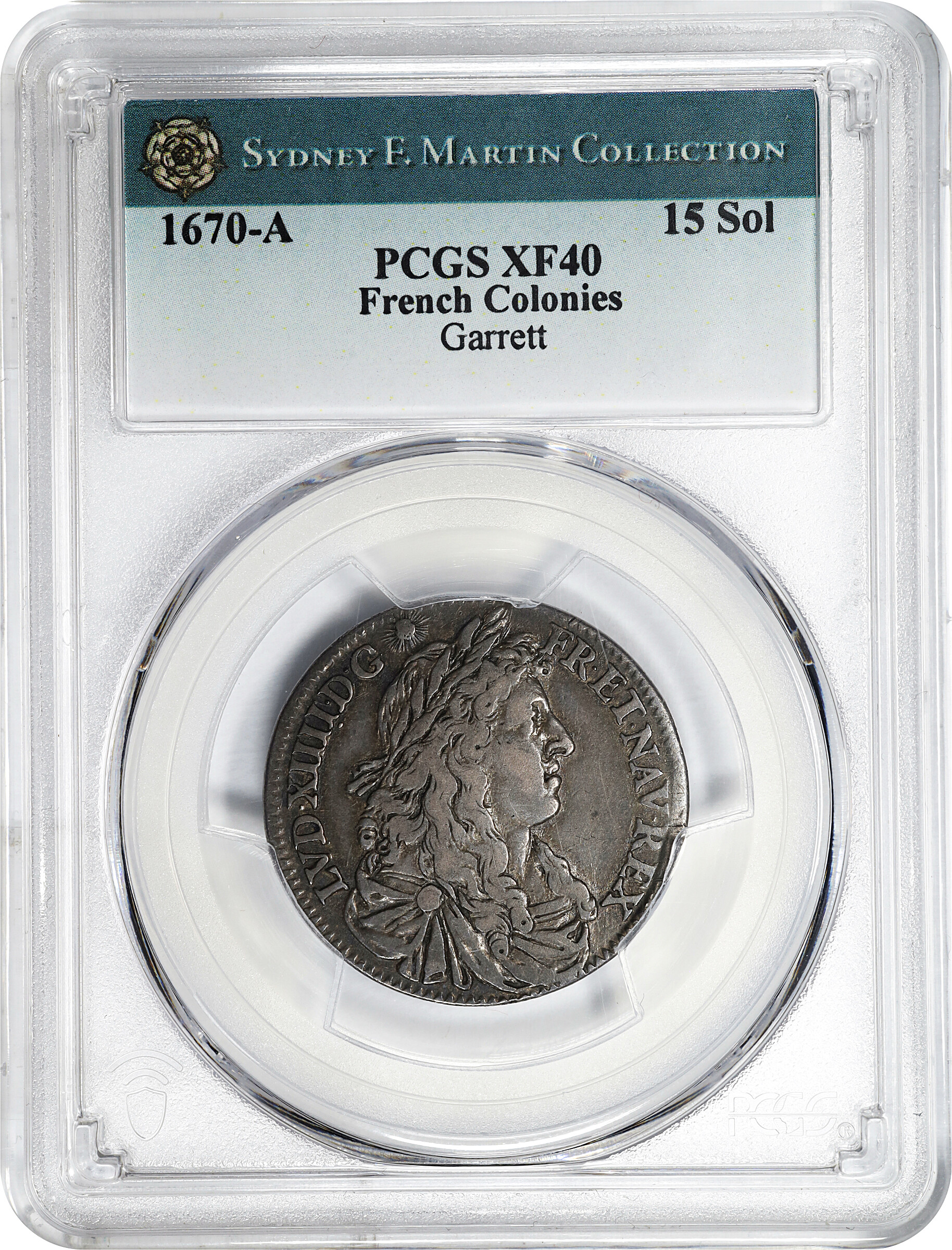 image for: 1670-A French Colonies 15 Sols. Paris Mint. Martin 1.1-A.1, Breen 1-A (1976), Breen-255 (1988), W-11610, Gadoury-3, Breton-501, Zay-1, Ciani-255, Lecompte-187a. Rarity-7. EF-40 (PCGS).