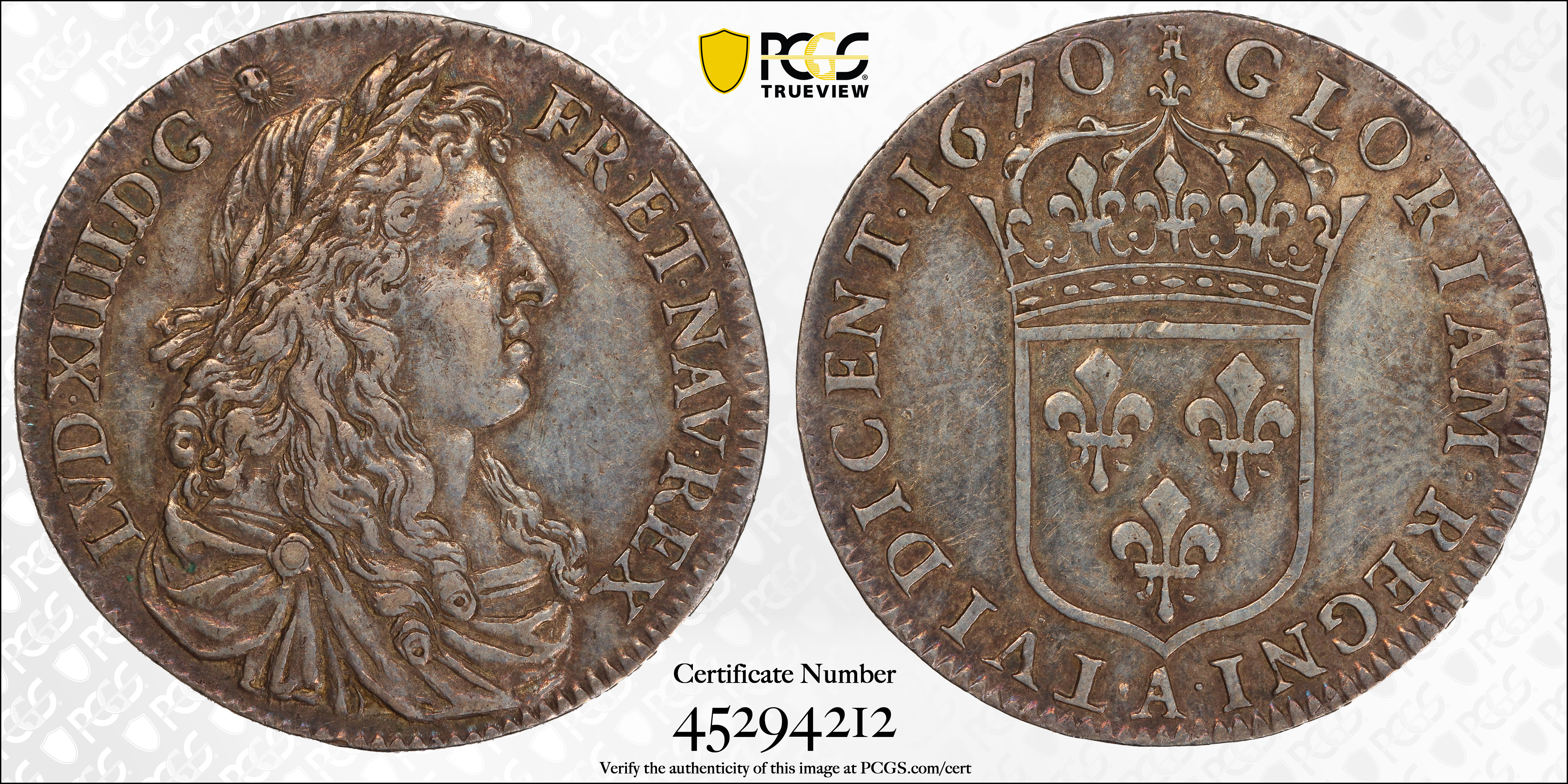 image for: 1670-A French Colonies 15 Sols. Paris Mint. Martin 1.2-B.2, Breen 2-B (1976), Breen-255 (1988), W-11610, Gadoury-3, Breton-501, Zay-1, Ciani-255, Lecompte-187. Rarity-7-. AU-53 (PCGS).