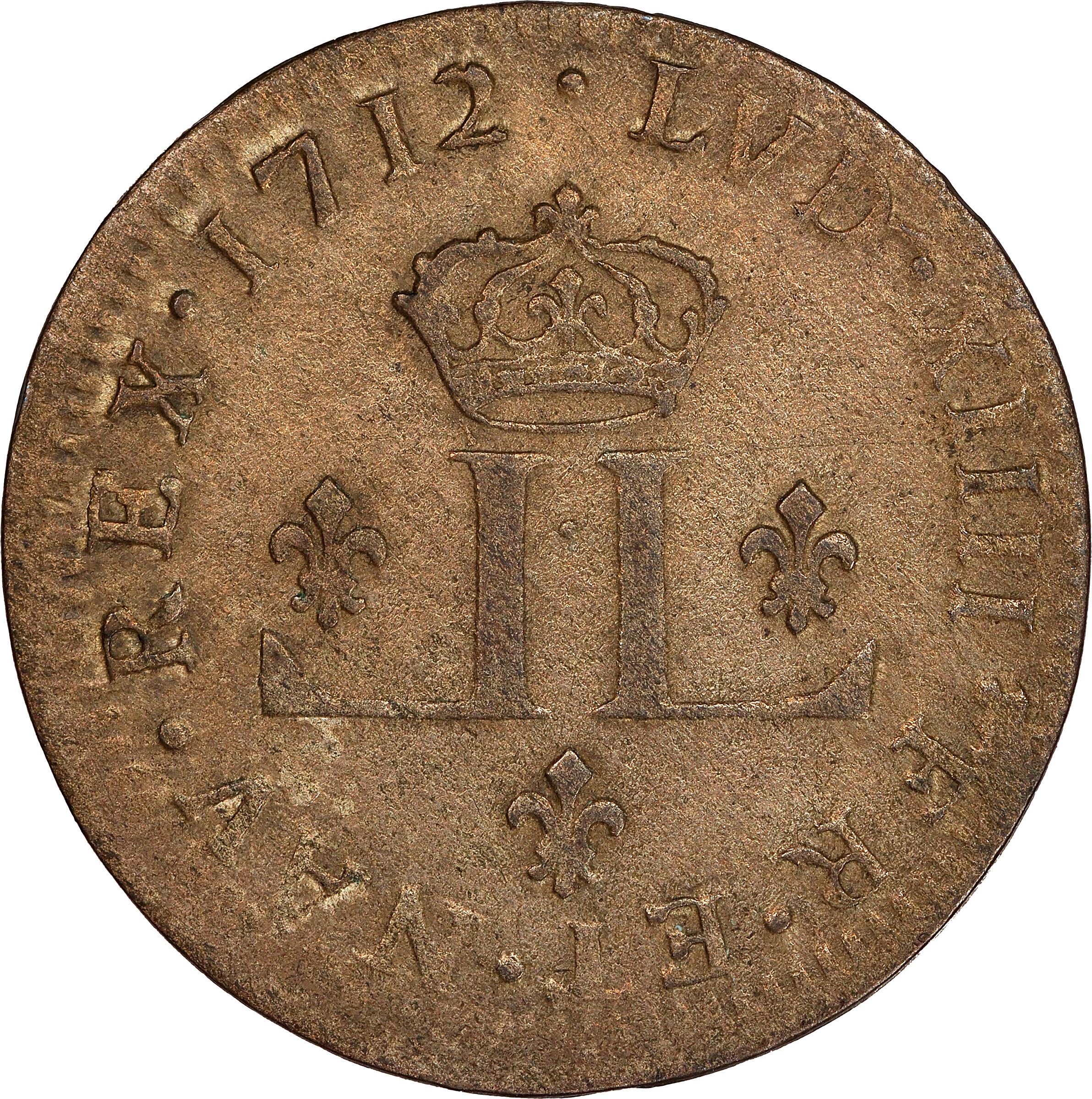 image for: 1712-D French Colonies 30 Deniers, or Mousquetaire. Lyon Mint. Vlack-5. Breen-286, W-11730. Rarity-3. AU-53 (PCGS).