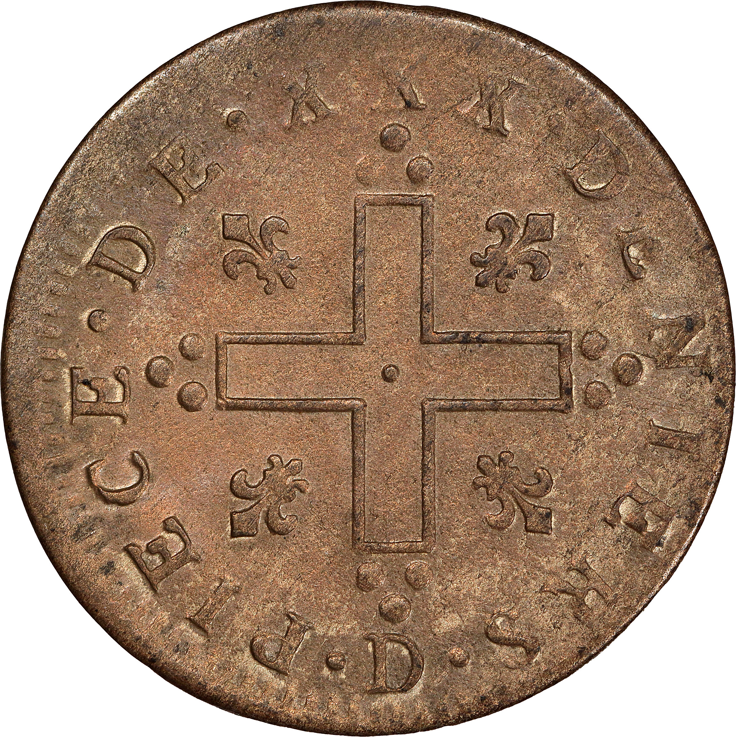 image for: 1712-D French Colonies 30 Deniers, or Mousquetaire. Lyon Mint. Vlack-5. Breen-286, W-11730. Rarity-3. AU-53 (PCGS).