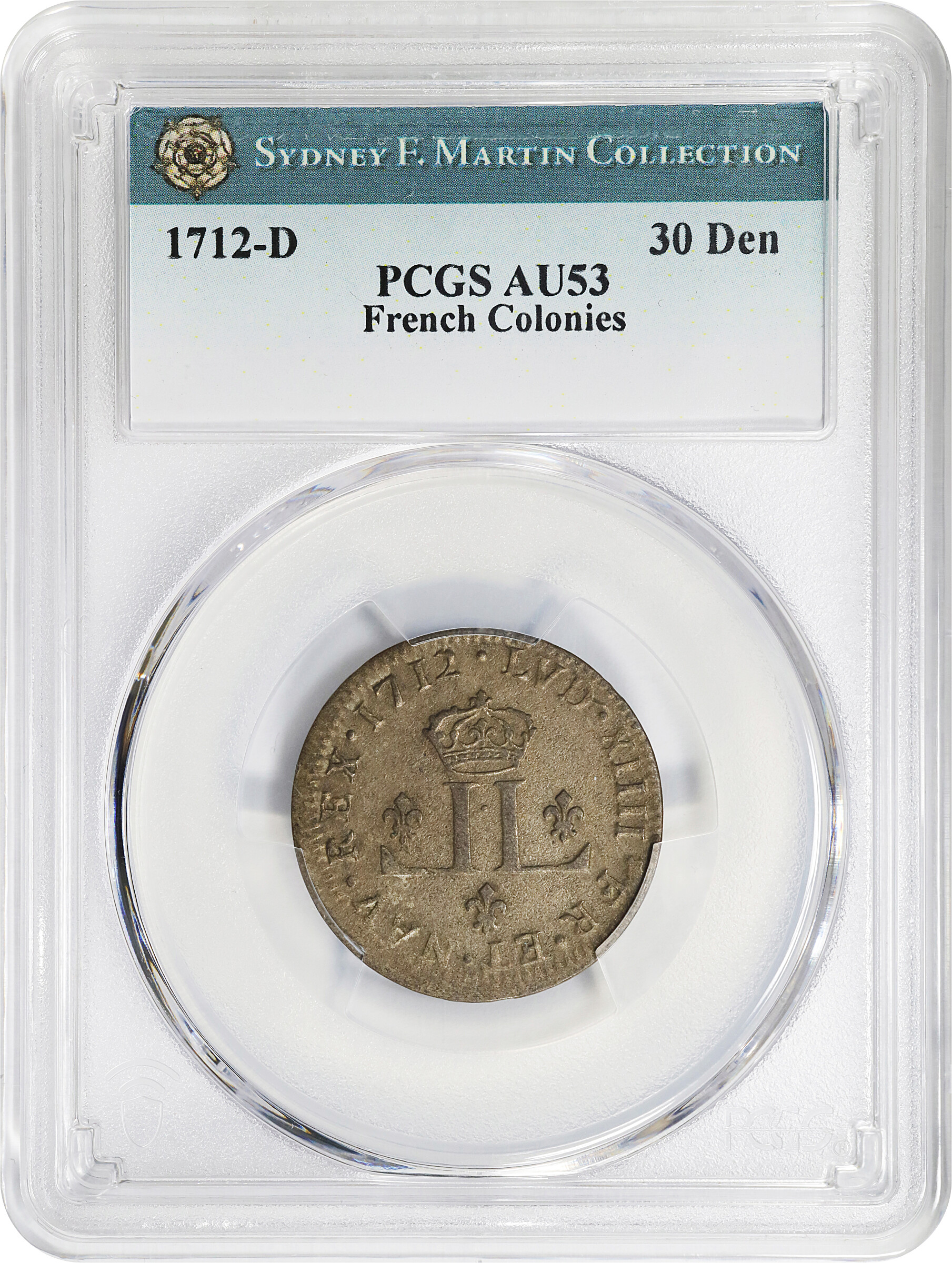 image for: 1712-D French Colonies 30 Deniers, or Mousquetaire. Lyon Mint. Vlack-5. Breen-286, W-11730. Rarity-3. AU-53 (PCGS).