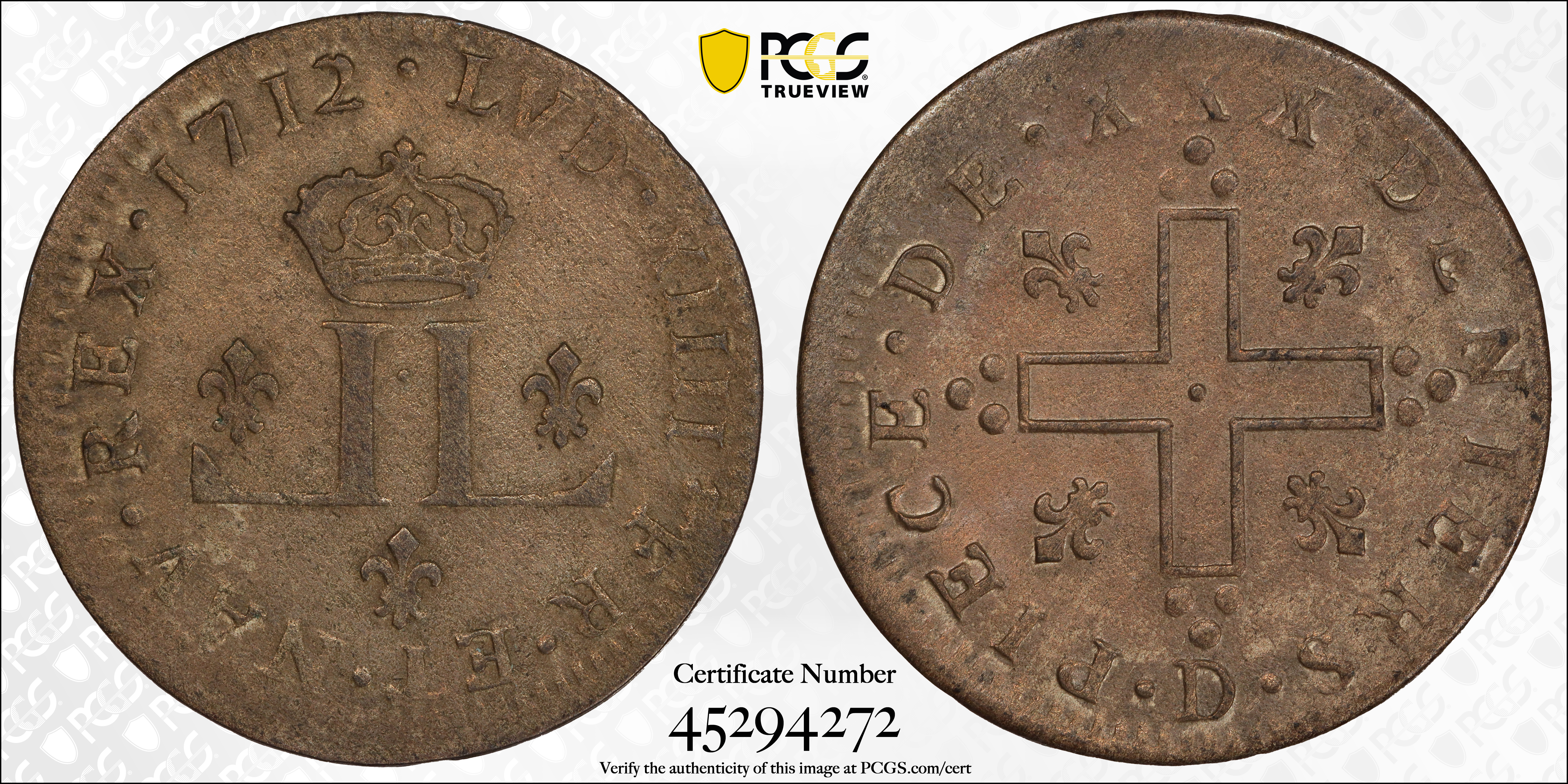 image for: 1712-D French Colonies 30 Deniers, or Mousquetaire. Lyon Mint. Vlack-5. Breen-286, W-11730. Rarity-3. AU-53 (PCGS).