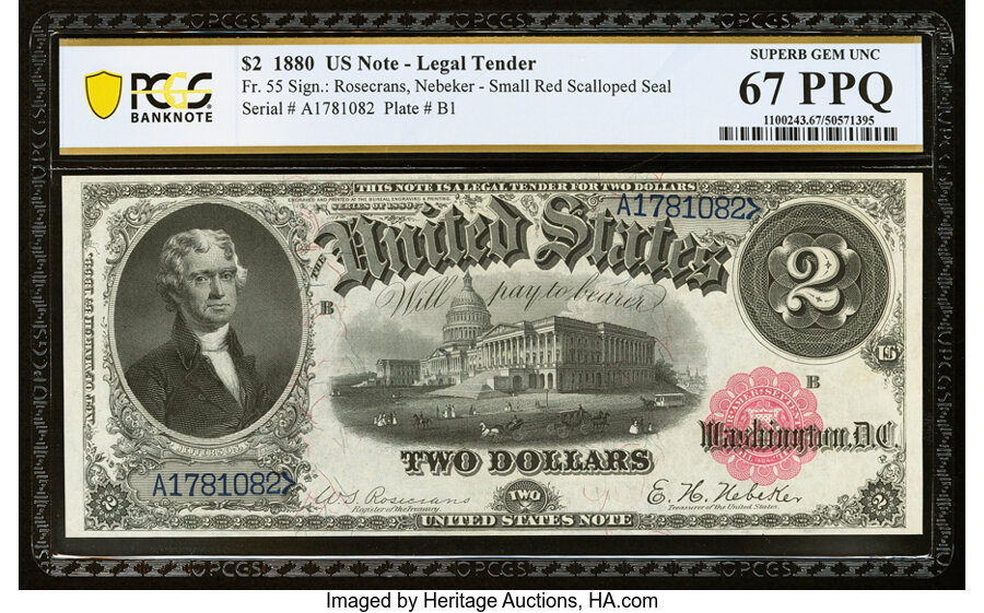 image for: Fr. 55 $2 1880 Legal Tender PCGS Banknote Superb Gem Unc 67 PPQ....
