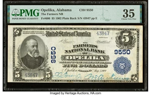 image for: Opelika, AL - $5 1902 Plain Back Fr. 600 The Farmers National Bank Ch. # 9550 PMG Choice Very Fine 35....
