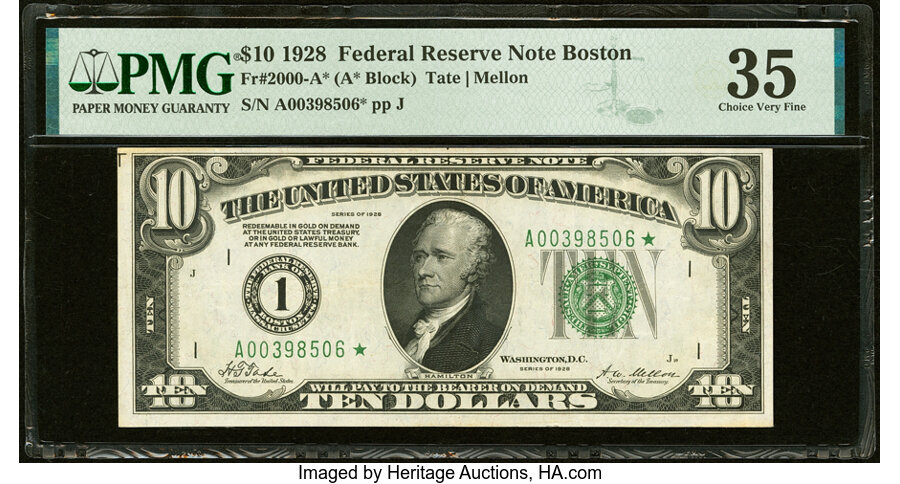 image for: Fr. 2000-A* $10 1928 Federal Reserve Star Note. PMG Choice Very Fine 35....