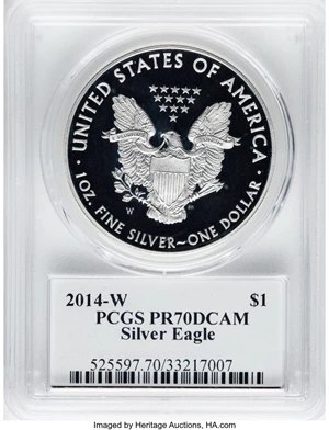 image for: 2014-W $1 Silver Eagle PR70 Deep Cameo PCGS. Hand-signed John M. Mercanti....