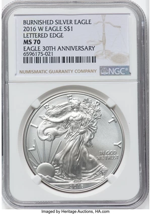 image for: 2016-W $1 Silver Eagle, Burnished, Lettered Edge, 30th Anniversary, MS70 NGC....