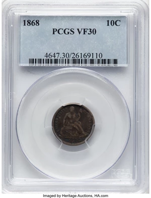 image for: 1868 10C VF30 PCGS. PCGS Population: (12/71). Mintage 464,000. ...