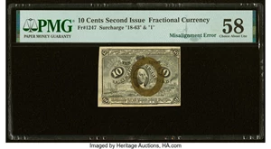 image for: Misaligned Back Printing Error Fr. 1247 10¢ Second Issue PMG Choice About Unc 58....